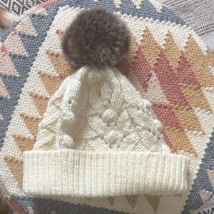 GAP Ivory Cable Knit Hat with Dark Brown Pom-Pom